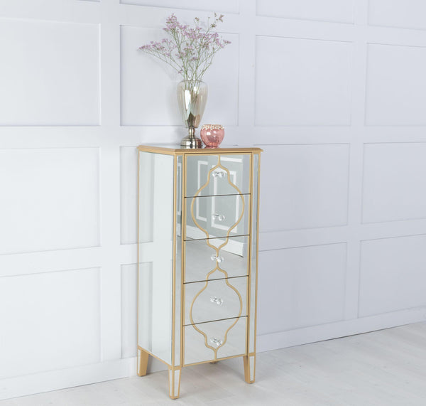Cairo Mirrored Gold Trim 5 Drawer Narrow Chest