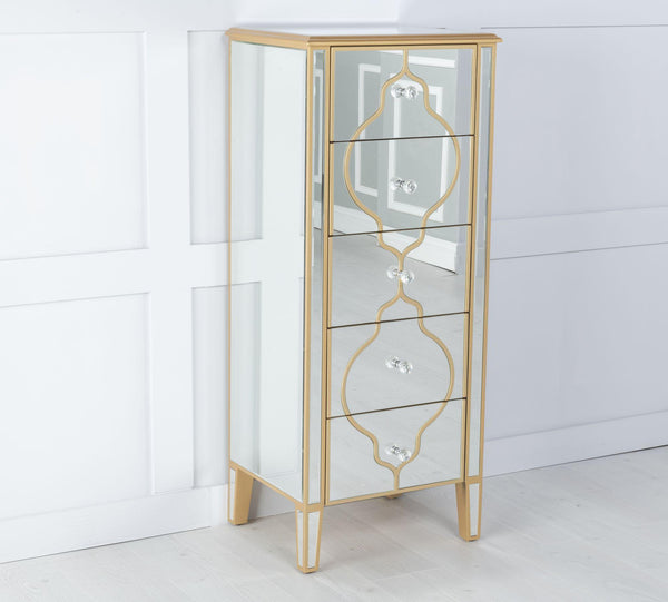 Cairo Mirrored Gold Trim 5 Drawer Narrow Chest