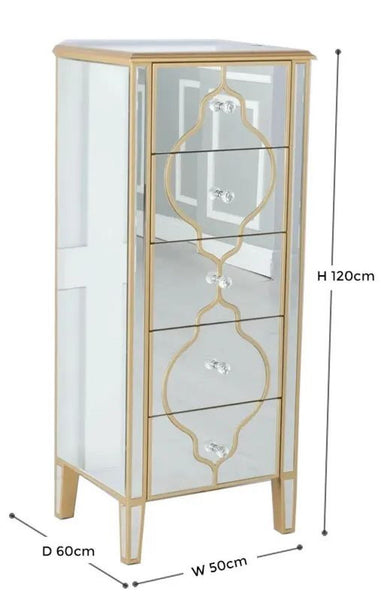 Cairo Mirrored Gold Trim 5 Drawer Narrow Chest