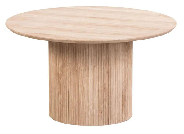 Renzo Oak Round Coffee Table with Fluted Ribbed Drum Base