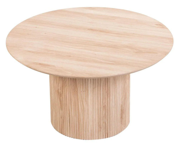 Renzo Oak Round Coffee Table with Fluted Ribbed Drum Base