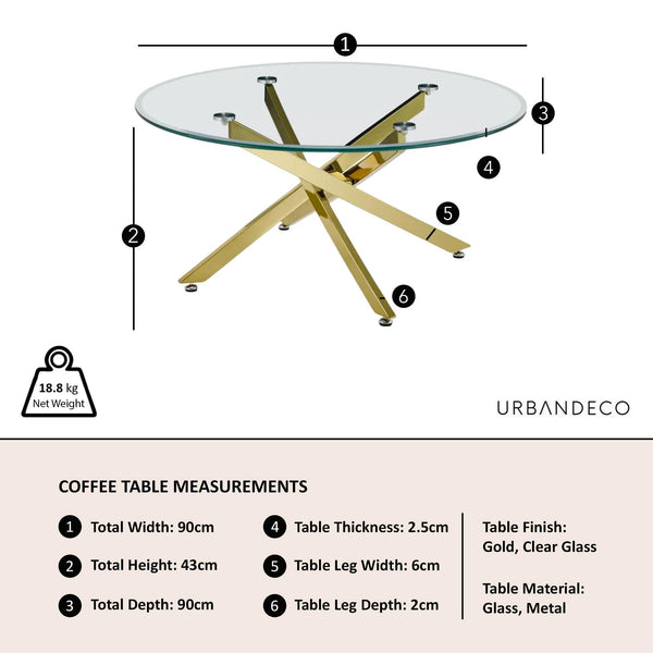 Sutton Clear Glass and Gold Round Coffee Table - 90cm Tempered Top