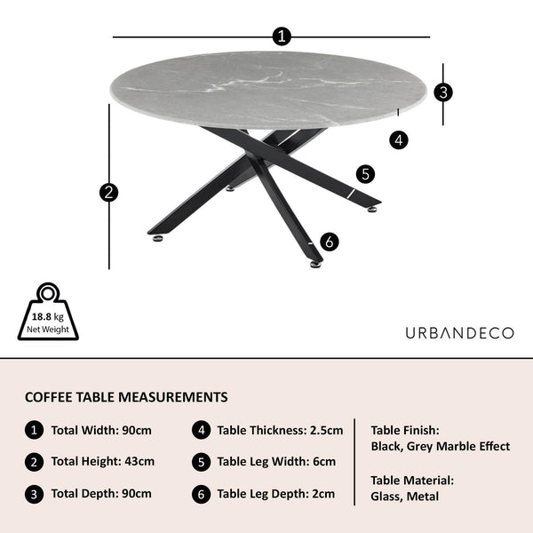Sutton Grey and Black Round Coffee Table - 90cm Glass Top with Concrete Effect
