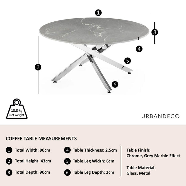 Sutton Grey and Chrome Round Coffee Table - 90cm Glass Top with Concrete Effect
