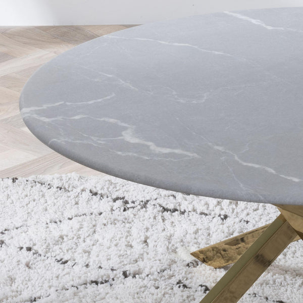 Sutton Grey and Gold Round Coffee Table - 90cm Glass Top with Concrete Effect