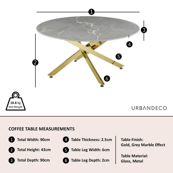 Sutton Grey and Gold Round Coffee Table - 90cm Glass Top with Concrete Effect