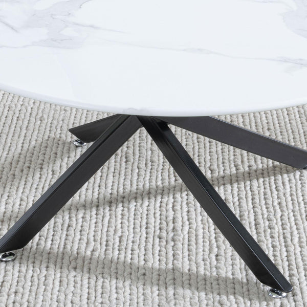 Sutton White and Black Round Coffee Table - 90cm Glass Top with Marble Effect