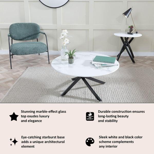 Sutton White and Black Round Coffee Table - 90cm Glass Top with Marble Effect