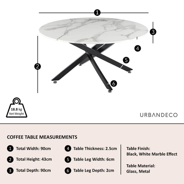 Sutton White and Black Round Coffee Table - 90cm Glass Top with Marble Effect