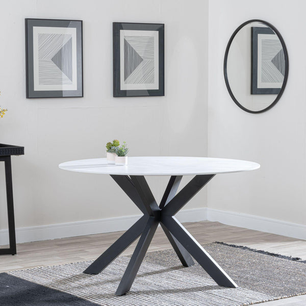 Avesta 130cm White Sintered Stone Round Dining Table with Black Star Base