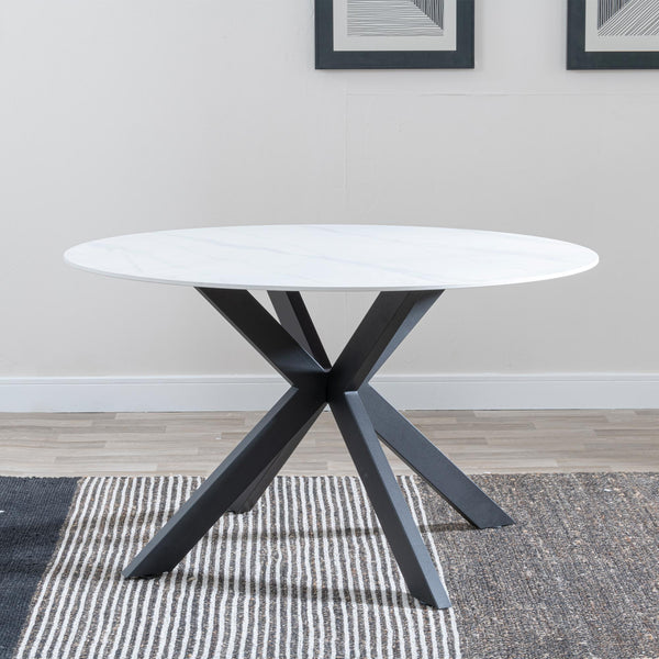 Avesta 130cm White Sintered Stone Round Dining Table with Black Star Base