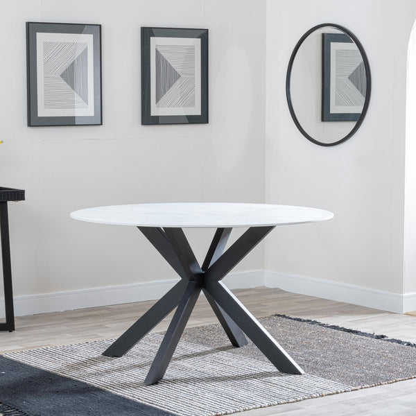 Avesta 130cm White Sintered Stone Round Dining Table with Black Star Base