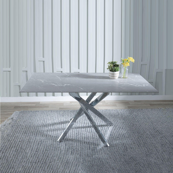 Sutton 150cm Grey and Chrome Dining Table - Glass Top with Concrete Effect