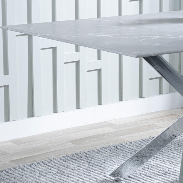 Sutton 150cm Grey and Chrome Dining Table - Glass Top with Concrete Effect