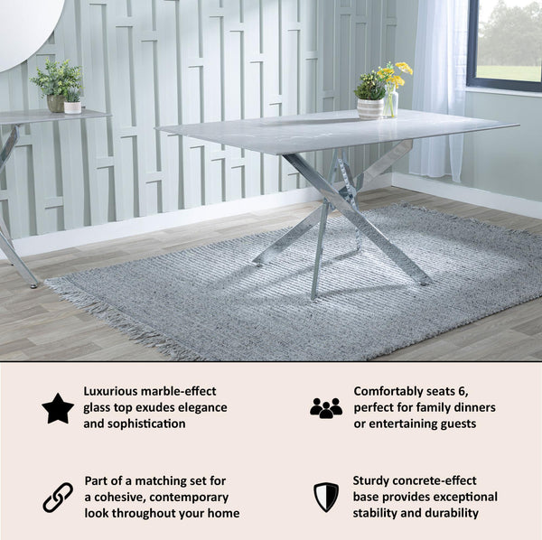 Sutton 150cm Grey and Chrome Dining Table - Glass Top with Concrete Effect