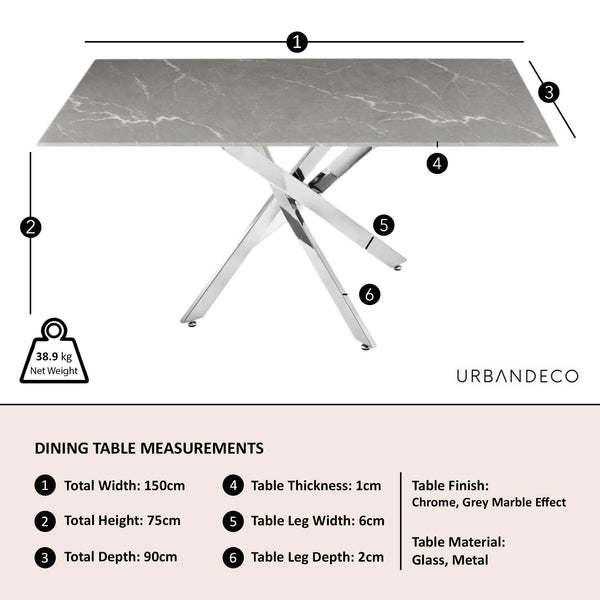 Sutton 150cm Grey and Chrome Dining Table - Glass Top with Concrete Effect