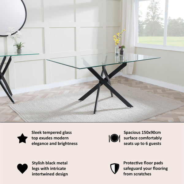 Sutton 150cm Clear Glass and Black Dining Table - Tempered Top
