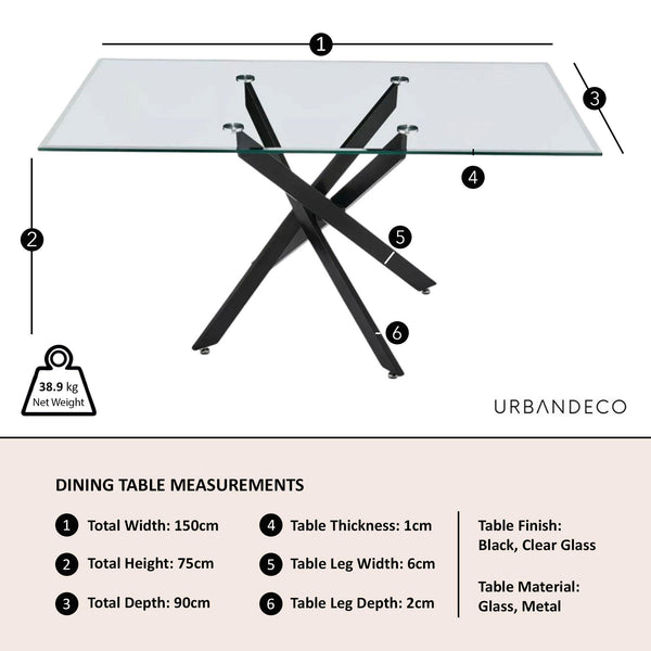 Sutton 150cm Clear Glass and Black Dining Table - Tempered Top