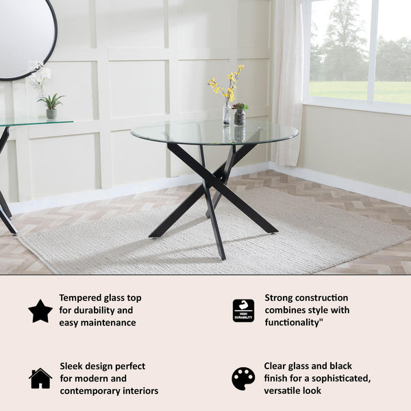 Sutton 110cm Clear Glass and Black Round Dining Table - Tempered Top