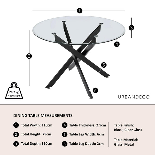 Sutton 110cm Clear Glass and Black Round Dining Table - Tempered Top