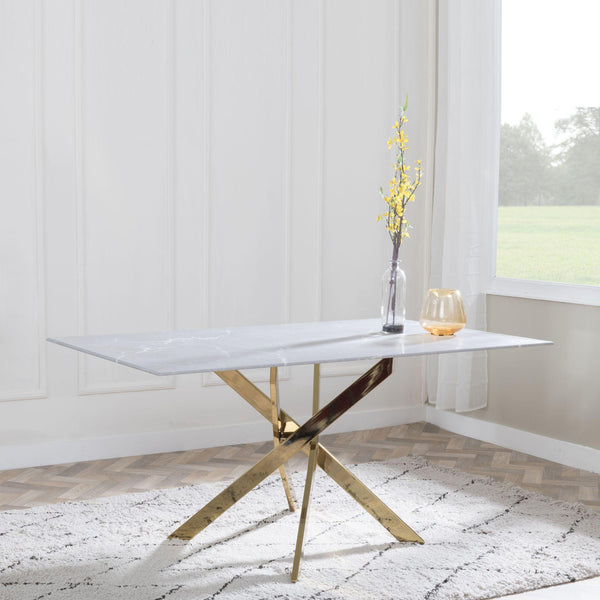 Sutton 150cm Grey and Gold Dining Table - Glass Top with Concrete Effect