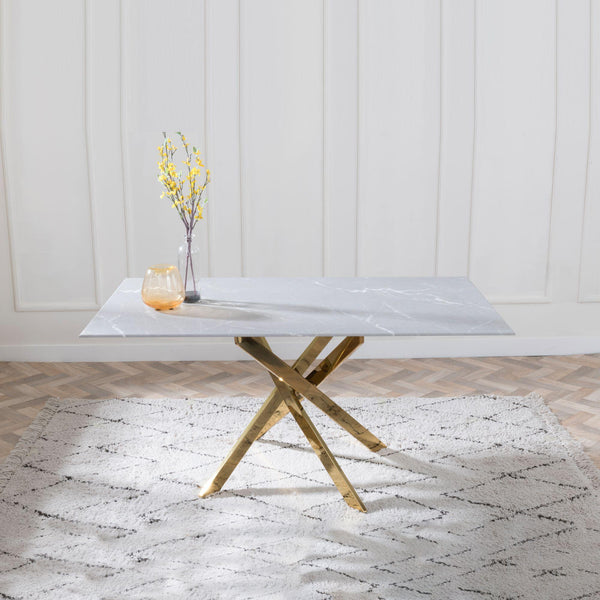 Sutton 150cm Grey and Gold Dining Table - Glass Top with Concrete Effect