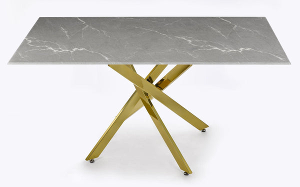 Sutton 150cm Grey and Gold Dining Table - Glass Top with Concrete Effect