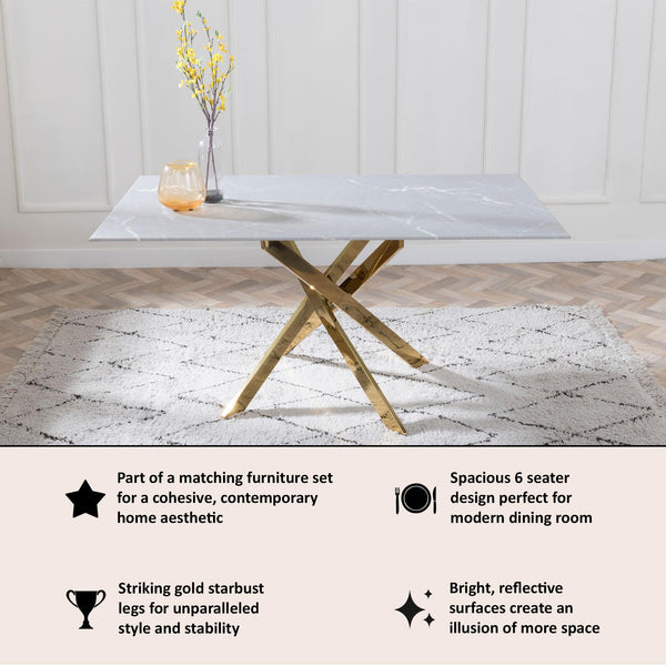 Sutton 150cm Grey and Gold Dining Table - Glass Top with Concrete Effect