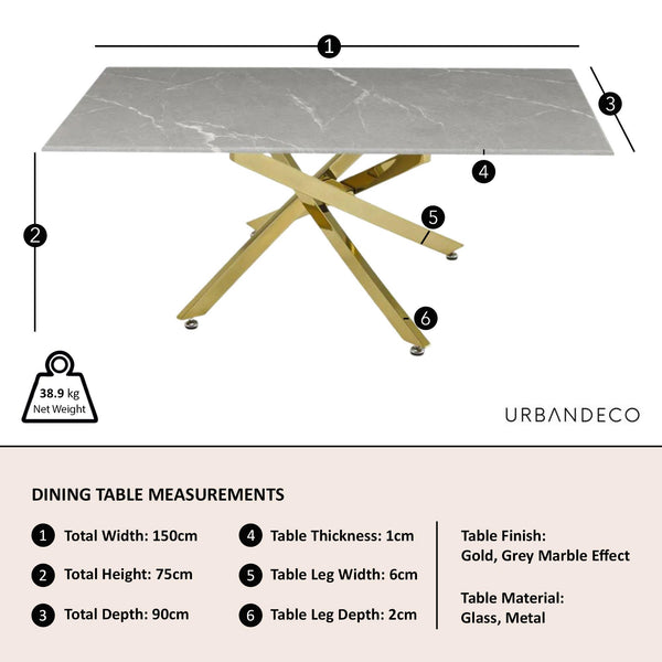 Sutton 150cm Grey and Gold Dining Table - Glass Top with Concrete Effect