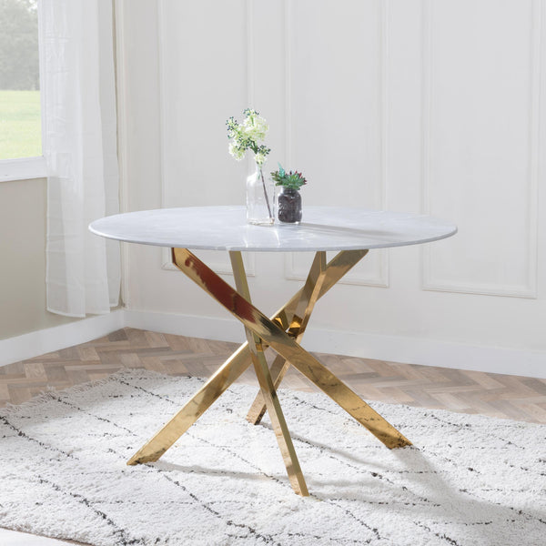 Sutton 110cm Grey and Gold Round Dining Table - Glass Top with Concrete Effect