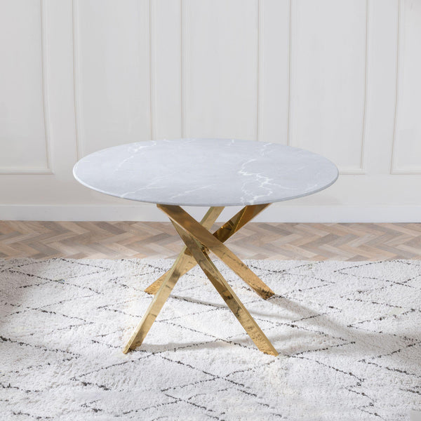 Sutton 110cm Grey and Gold Round Dining Table - Glass Top with Concrete Effect