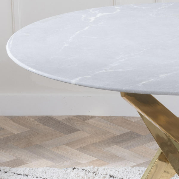 Sutton 110cm Grey and Gold Round Dining Table - Glass Top with Concrete Effect