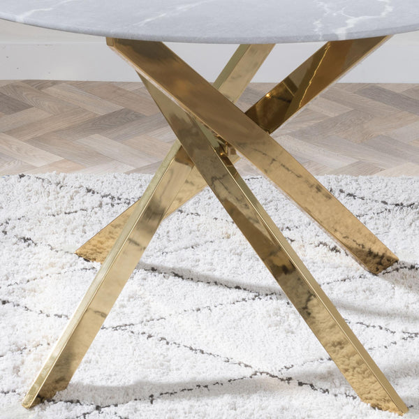 Sutton 110cm Grey and Gold Round Dining Table - Glass Top with Concrete Effect