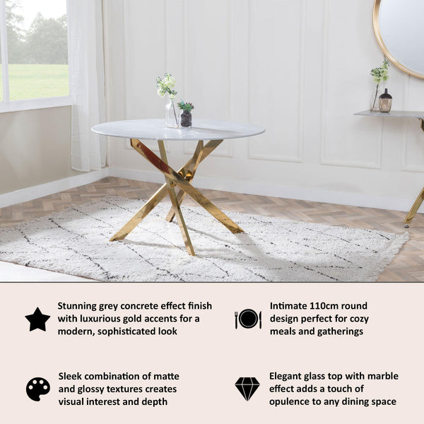 Sutton 110cm Grey and Gold Round Dining Table - Glass Top with Concrete Effect