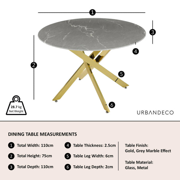Sutton 110cm Grey and Gold Round Dining Table - Glass Top with Concrete Effect