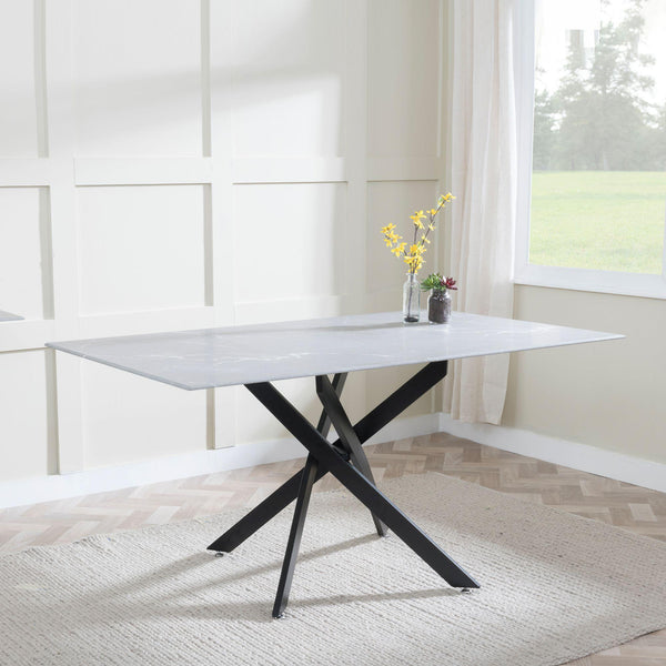 Sutton 150cm Grey and Black Dining Table - Glass Top with Concrete Effect