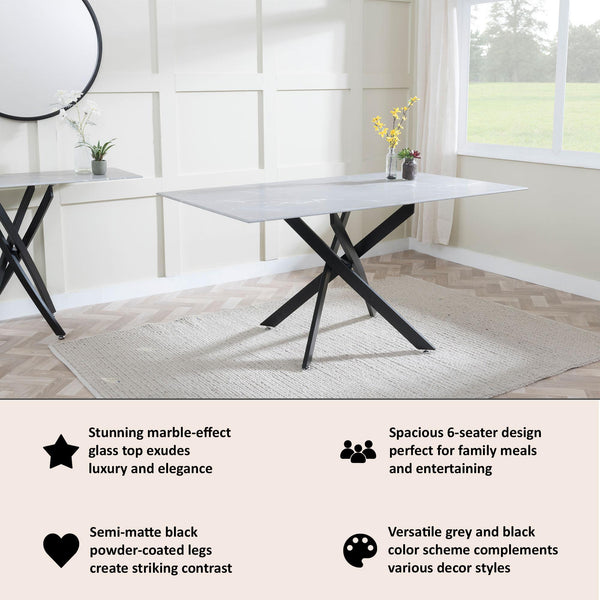 Sutton 150cm Grey and Black Dining Table - Glass Top with Concrete Effect