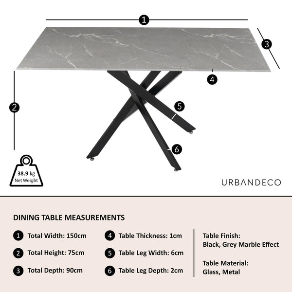 Sutton 150cm Grey and Black Dining Table - Glass Top with Concrete Effect