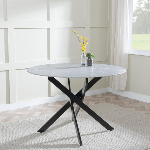 Sutton 110cm Grey and Black Round Dining Table - Glass Top with Concrete Effect