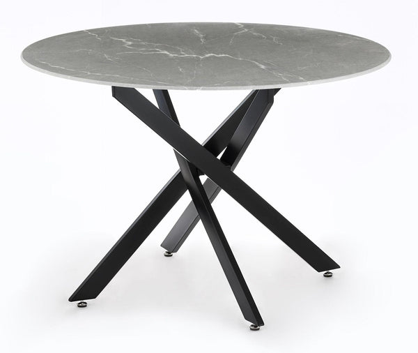 Sutton 110cm Grey and Black Round Dining Table - Glass Top with Concrete Effect