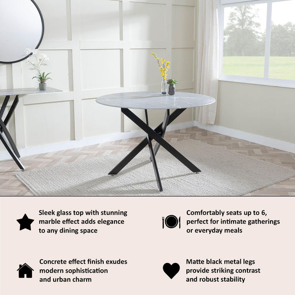 Sutton 110cm Grey and Black Round Dining Table - Glass Top with Concrete Effect