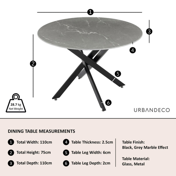 Sutton 110cm Grey and Black Round Dining Table - Glass Top with Concrete Effect