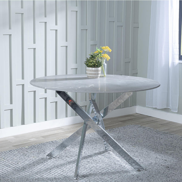 Sutton 110cm Grey and Chrome Round Dining Table - Glass Top with Concrete Effect