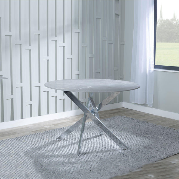 Sutton 110cm Grey and Chrome Round Dining Table - Glass Top with Concrete Effect