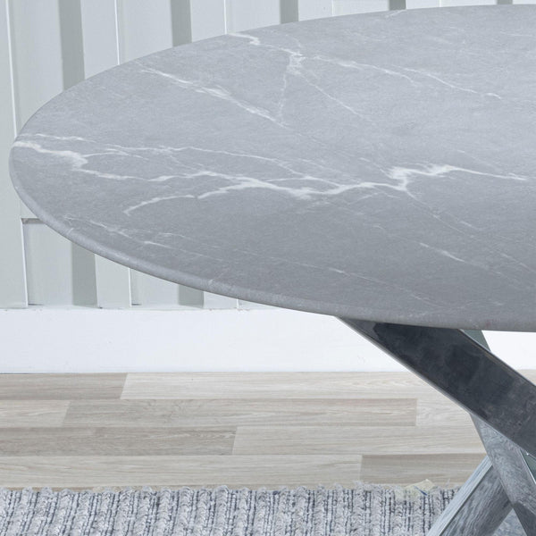 Sutton 110cm Grey and Chrome Round Dining Table - Glass Top with Concrete Effect