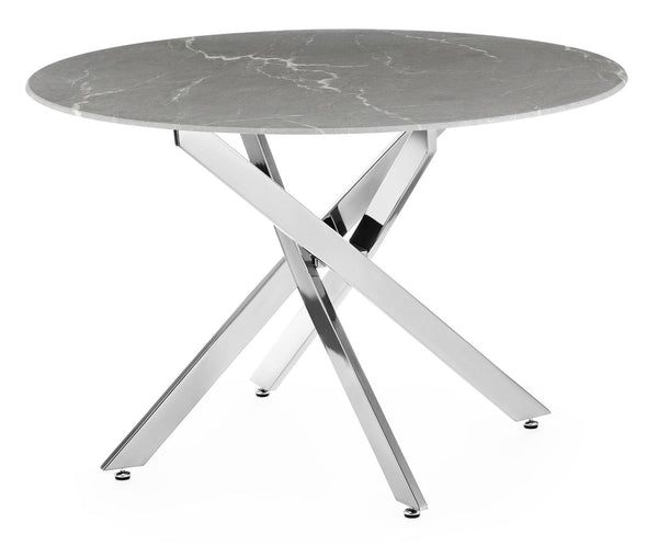 Sutton 110cm Grey and Chrome Round Dining Table - Glass Top with Concrete Effect
