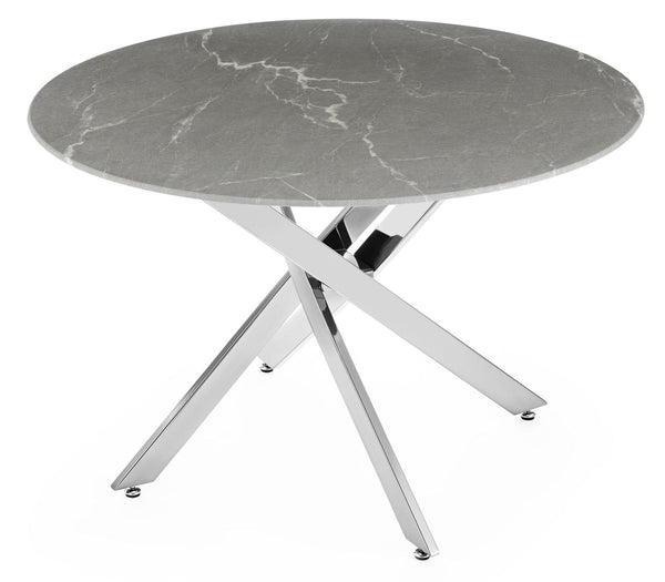 Sutton 110cm Grey and Chrome Round Dining Table - Glass Top with Concrete Effect