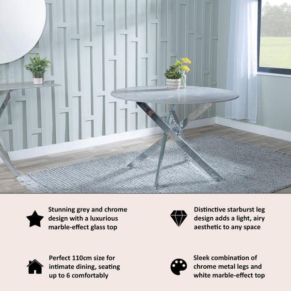 Sutton 110cm Grey and Chrome Round Dining Table - Glass Top with Concrete Effect