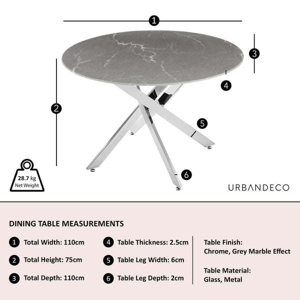 Sutton 110cm Grey and Chrome Round Dining Table - Glass Top with Concrete Effect
