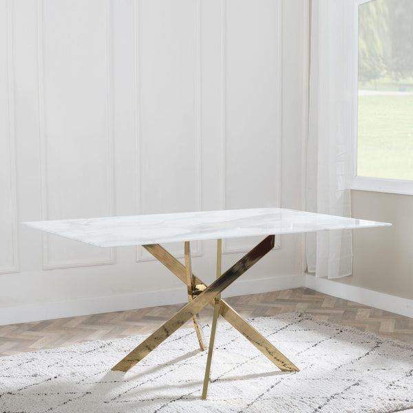 Sutton 150cm White and Gold Dining Table - Glass Top with Marble Effect